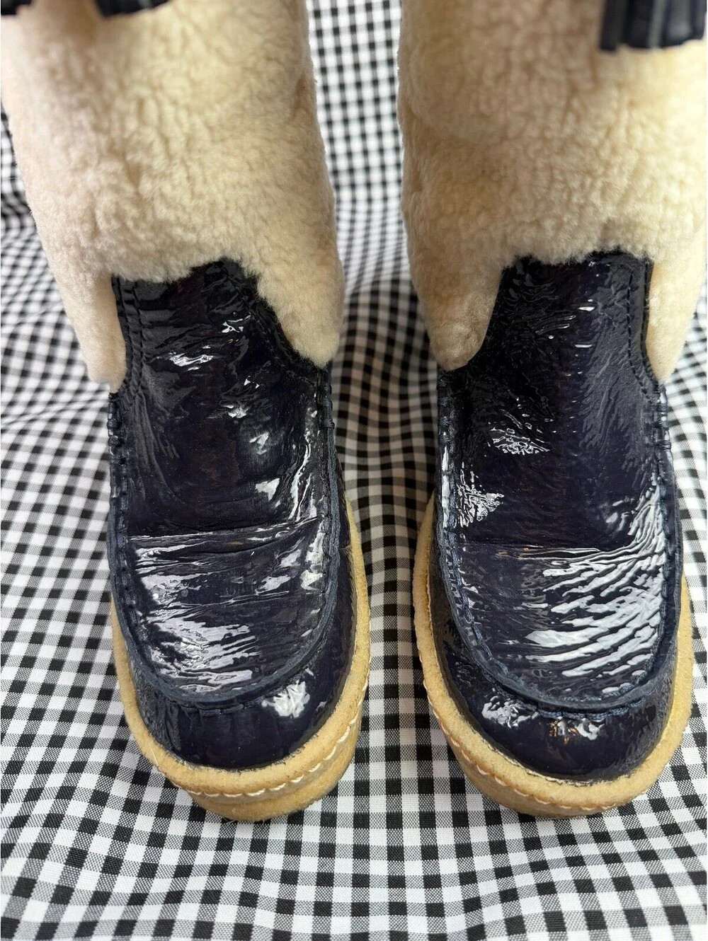 Tory Burch Womens 7 Navy Patent Leather Shearling Tall Boots Tassel Winter